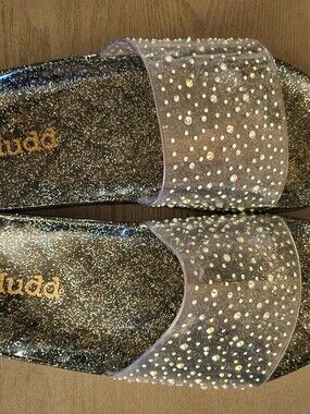 Mudd Clear Rhinestone Slide Sandals with Black Glitter Footbed